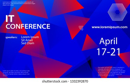 Conference announcement design template, flyer layout. Geometric background. Minimal abstract cover design. Creative colorful wallpaper. Trendy gradient poster. Vector illustration.