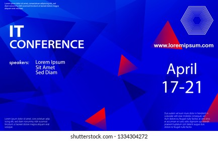 Conference announcement design template, flyer layout. Geometric background. Minimal abstract cover design. Creative colorful wallpaper. Trendy gradient poster. Vector illustration.