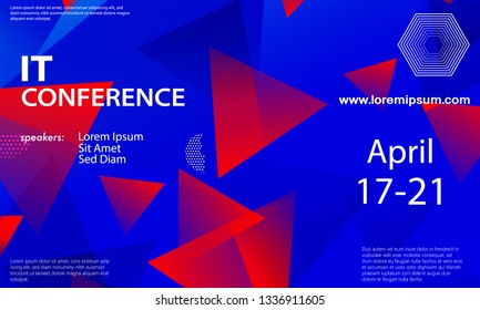 Conference announcement design template, flyer layout. Geometric background. Minimal abstract cover design. Creative colorful wallpaper. Trendy gradient poster. Vector illustration.