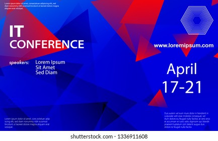 Conference announcement design template, flyer layout. Geometric background. Minimal abstract cover design. Creative colorful wallpaper. Trendy gradient poster. Vector illustration.