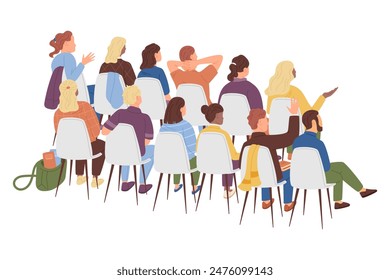 Conference audience. Seminar meeting. Workshop event, training chair, participant, sit back side. Business lecture, person auditorium. Vector garish cartoon flat style isolated on white illustration