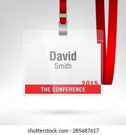 Conference Badge With Name Tag Placeholder. Blank Badge Template In Plastic Holder With Red Lanyard. Vector Illustration. Horizontal Layout.