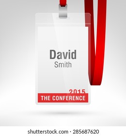 Conference Badge With Name Tag Placeholder. Blank Badge Template In Plastic Holder With Red Lanyard. Vector Illustration. Vertical Layout.