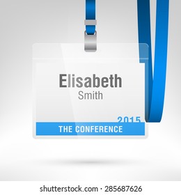 Conference Badge With Name Tag Placeholder. Blank Badge Template In Plastic Holder With Blue Lanyard. Vector Illustration. Horizontal Layout.