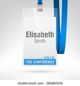 Conference Badge With Name Tag Placeholder. Blank Badge Template In Plastic Holder With Blue Lanyard. Vector Illustration. Vertical Layout.