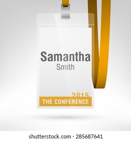 Conference badge with name tag placeholder. Blank badge template in plastic holder with yellow lanyard. Vector illustration. Vertical layout.