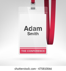 Conference Badge With Name Tag Placeholder. Blank Badge Template In Plastic Holder With Lanyard. Vector Illustration. Vertical Layout.