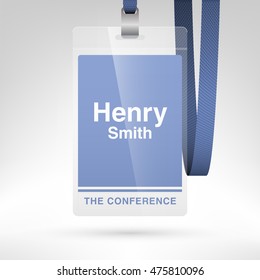Conference badge with name tag placeholder. Blank badge template in plastic holder with lanyard. Vector illustration. Vertical layout.