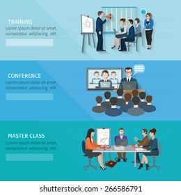 Conference banner set with training master class flat elements isolated vector illustration