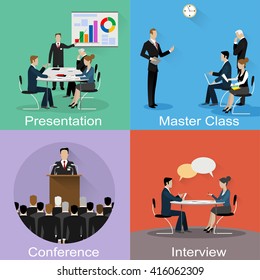 Conference Banner Set With Training Master Class, Job Interview, Discuss Flat Elements. Vector Illustration