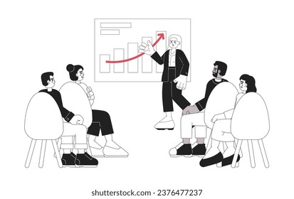 Conference business diverse black and white cartoon flat illustration. Female speaker talking to audience linear 2D characters isolated. Seminar orator with listeners monochromatic scene vector image