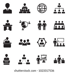 Conference, Business And Management Icons. Black Flat Design. Vector Illustration. 