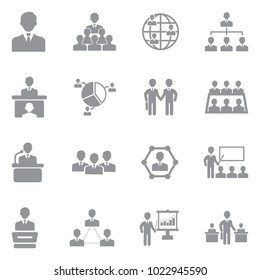 Conference, Business And Management Icons. Gray Flat Design. Vector Illustration. 