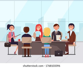 Conference of business partners vector, man and woman with notes. Meeting of colleagues working in office, explanation of information solving problems