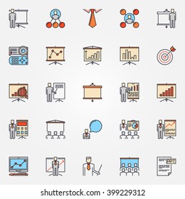 Conference and business presentation icons - vector colorful businessman with presentations signs or pictograms