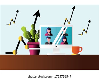 Conference call flat design vector concept with desktop monitor projecting business group faces on the desk near plants and a cup of coffee