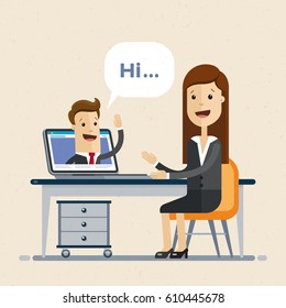 Conference call at office. Businessman and woman talking by video chat.  Online Interview. Vector, Illustration, flat