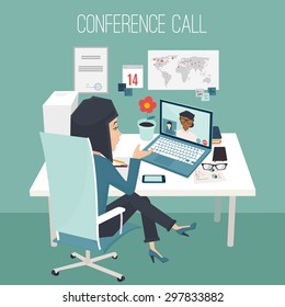 Conference call at office. Two women talking by videochat. Vector Illustration