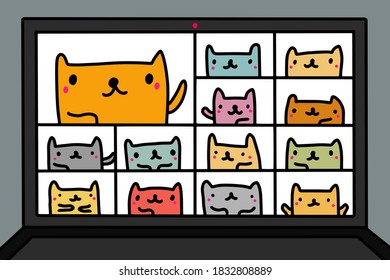 Conference call online webinar with cats hand drawn vector illustration in cartoon comic style kawaii animals