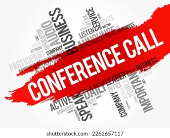 Conference Call - telephone call in which someone talks to 4 or more people at the same time, word cloud concept background