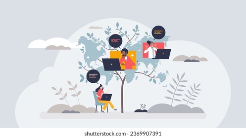 Conference call using online group talking software tiny person concept. Virtual seminar, learning or webinar for global or international business team vector illustration. Distant communication.