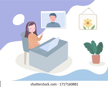 Conference call/online learning/work and study from home illustration in vector