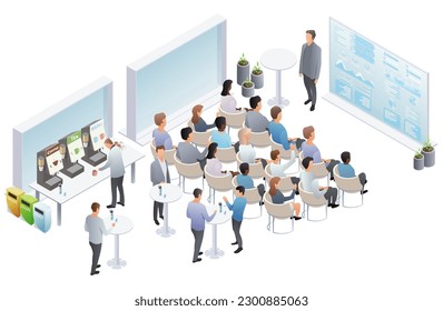 Conference concept with content discussion Conference concept with content discussionIndicators and schedules process, coachingIndicators and coaching. Vector isometric, 3d