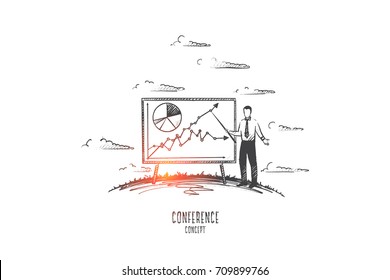 Conference concept. Hand drawn man with pointer near board with schedule. Work conference at office isolated vector illustration.