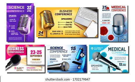 Conference Creative Advertising Posters Set Vector. Collection Of Medical, Science And Business Promo Banners. Microphone And Microscope, Laptop And Stationery Tools Layout Realistic 3d Illustrations