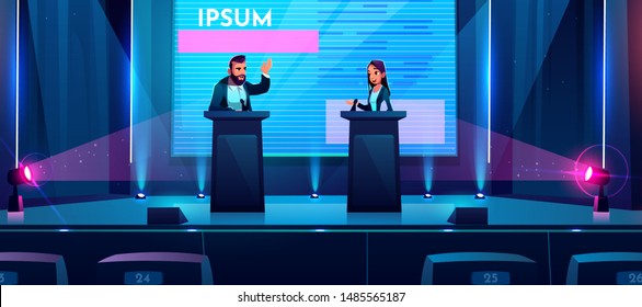 Conference debates or presentation on stage with business or politician man and woman stand at tribunes with microphones at dark scene with spotlights and huge screen. Cartoon vector illustration