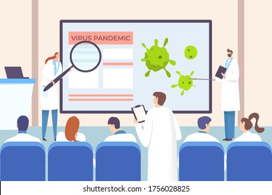 Conference doctors concept, coronavirus informayion vector illustration. Awareness hospital employees about pandemic at meeting. Man and woman near screen explain to their colleagues virus structure.