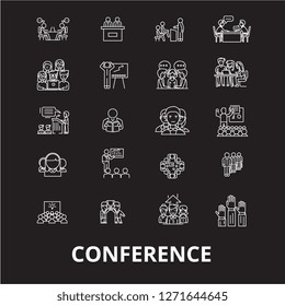 Conference editable line icons vector set on black background. Conference white outline illustrations, signs, symbols