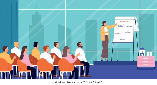 Conference flat concept with woman on stage speaking for the audience vector illustration