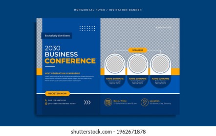 Conference Flyer And Invitation Banner Template Design. Annual Corporate Business Workshop, Meeting And Training Promotion Poster. Online Digital Marketing Horizontal Cover Layout With Logo And Icon.