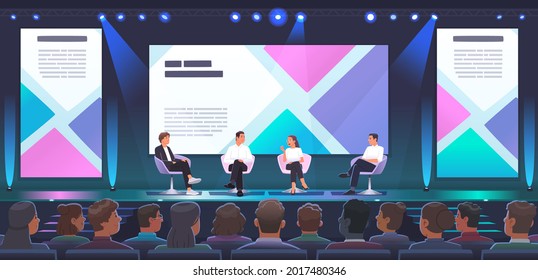 Conference or forum. Panelists on stage discuss the topic of the meeting in a large conference room. An event with speakers  experts. Vector illustration in flat style