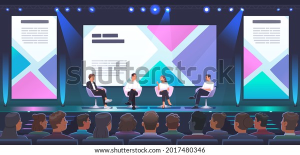 Conference or forum. Panelists
on stage discuss the topic of the meeting in a large conference
room. An event with speakers  experts. Vector illustration in flat
style