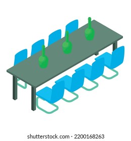 Conference Furniture Icon Isometric Vector. Glass Bottle On Long Table And Chair. Office Furniture, Corporate Party, Celebration