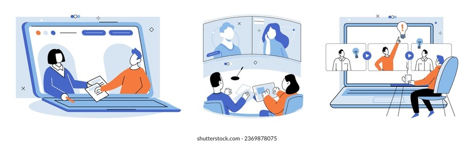 Conference group meeting. Vector illustration. Talking and sharing ideas are crucial aspects productive meetings Tables serve as platforms for discussions and presentations Presentations convey