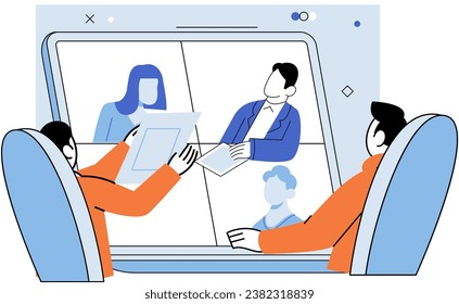 Conference group meeting. Vector illustration. Teamwork is essential for achieving collective goals Men and women contribute equally to success businesses Businessmen and women play important roles