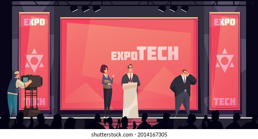 Conference Hall Background With Expo Tech Presentation Symbols Flat Vector Illustration