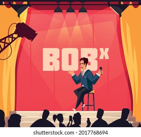 Conference hall background with show presentation symbols flat vector illustration