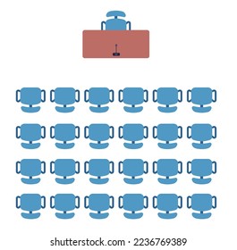 Conference hall. Business presentation. Empty auditorium. University lecture room interior with office chairs and table. Seats top view. Forum audience armchairs and desk
