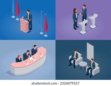 Conference hall concept icons set with meeting room and stage symbols isometric isolated vector illustration