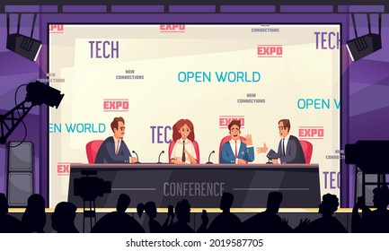 Conference hall design with press conference symbols flat vector illustration