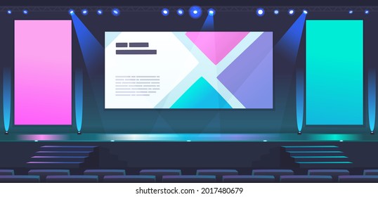 Conference Hall Interior. Empty Room For A Conference, Presentation Or Forum. Backlit Stage With Large Screens. Vector Illustration In Flat Style