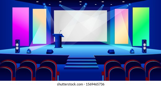 Conference Hall Interior. Empty White Presentation Screen In Dark Auditorium. Vector Illustration. Seminar, Business Training Or Entertainment Concept.