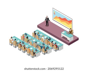 isometrische Zusammensetzung des Konferenzsaals mit weißer Tafel, digitaler LCD-Bildschirm-Präsentation auf Podium mit Teilnehmern Vektorgrafik