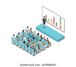 isometrische Zusammensetzung des Konferenzsaals mit weißer Tafel, digitaler LCD-Bildschirm-Präsentation auf Podium mit Teilnehmern Vektorgrafik