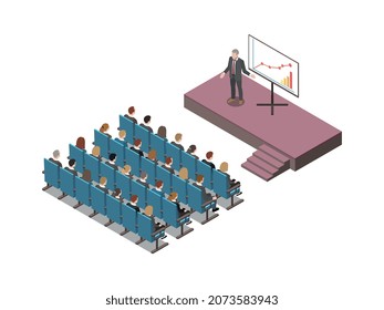 Conference hall isometric composition with white board digital lcd screen presentation on podium with participants audience vector illustration