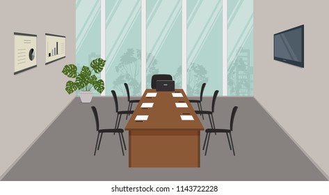 Conference hall. Office room is prepared for the meeting. There is a screen, a desk and black chairs on a window background in the image. On the desk is a laptop, paper for notes and pencils. Vector